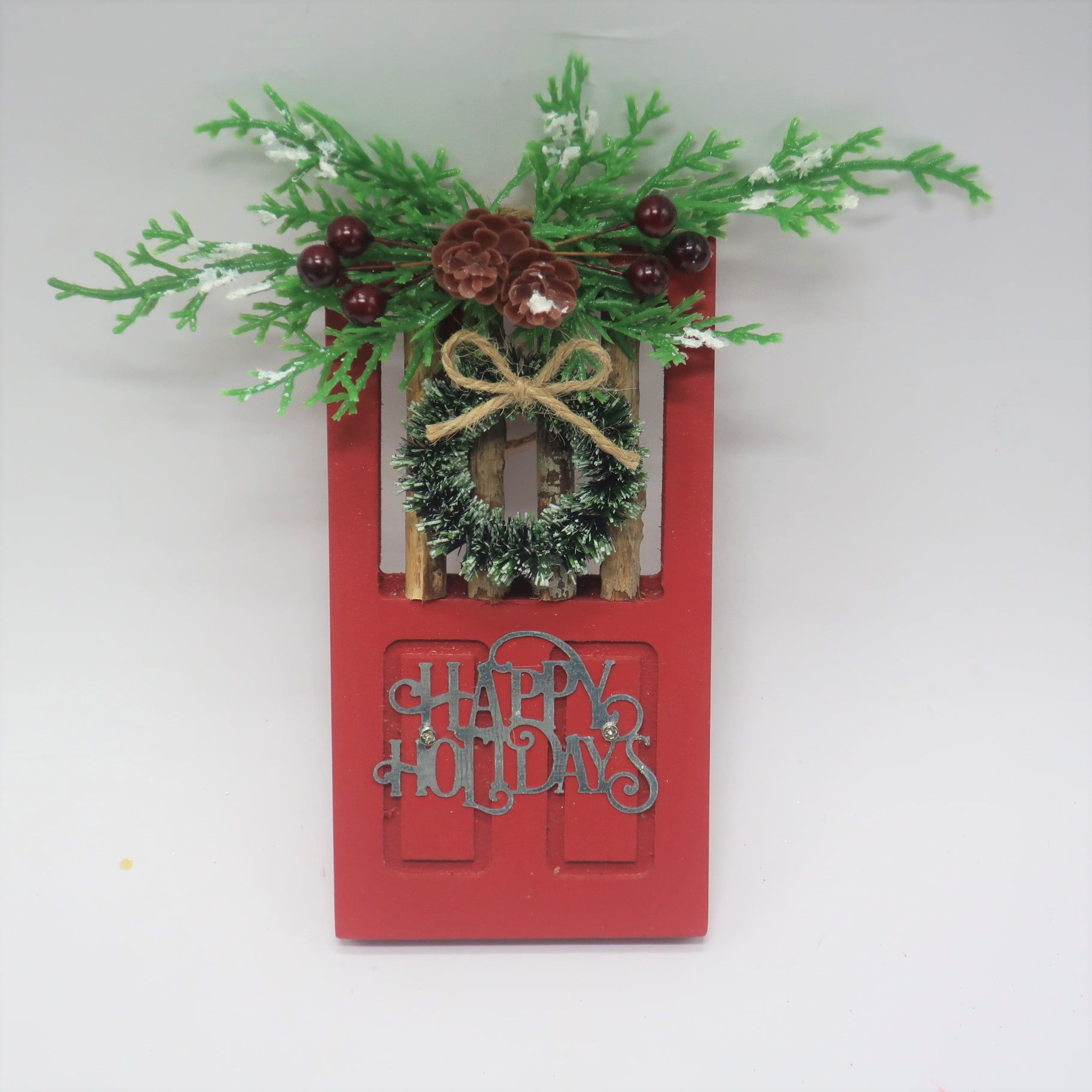 Holiday Time Red Door with Wreath & Greenery Christmas Ornament
