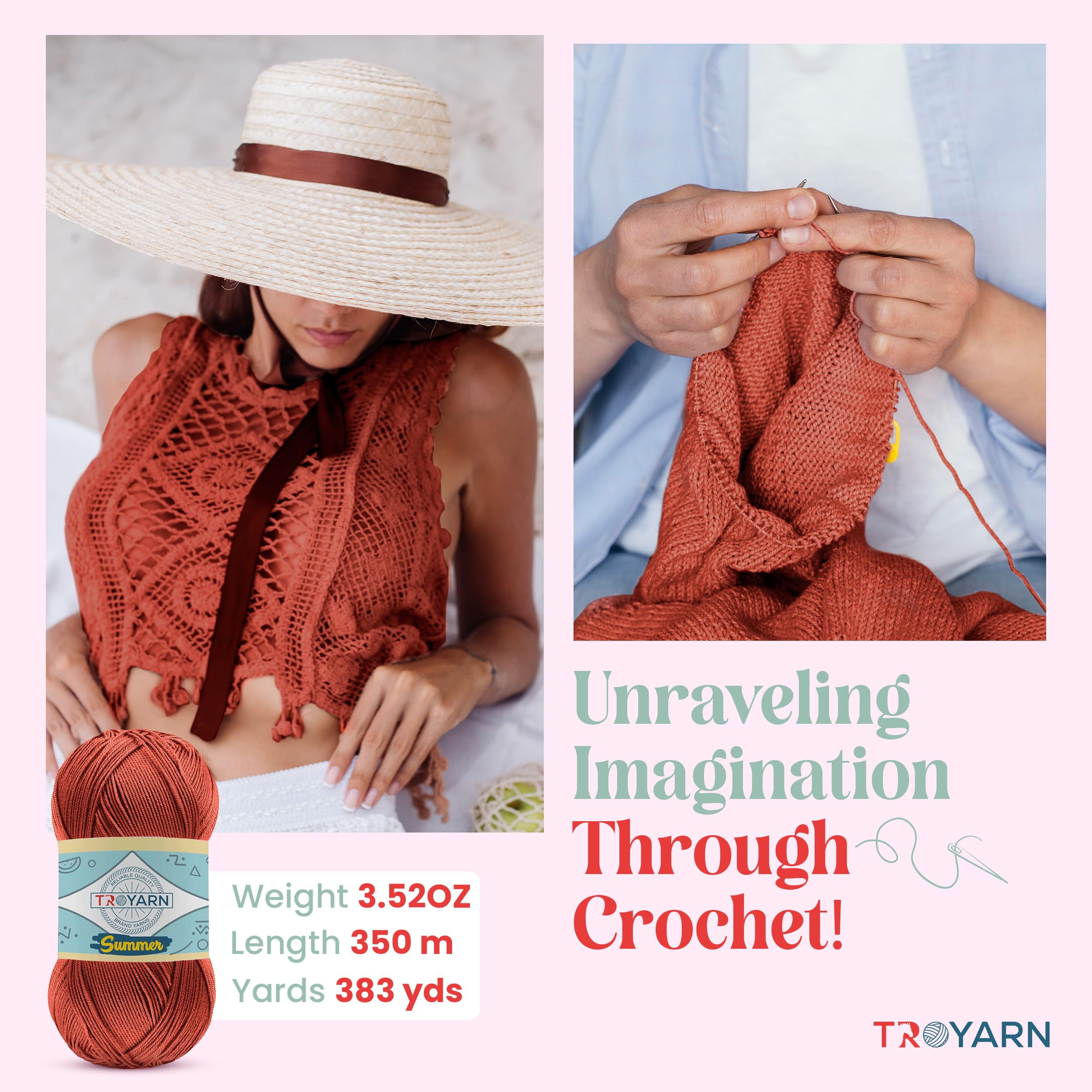 TROYARN Summer (4- Skeins Pack) Silk Effect Hand Knitting Yarn Crochet Art Lace Craft 100% Microfiber Acrylic 4x100 gr (4x383 yds) (105036 - Terra)