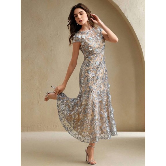 Elegant Silver Floral Mesh Sequin Short Sleeve Midi Dress For Formal