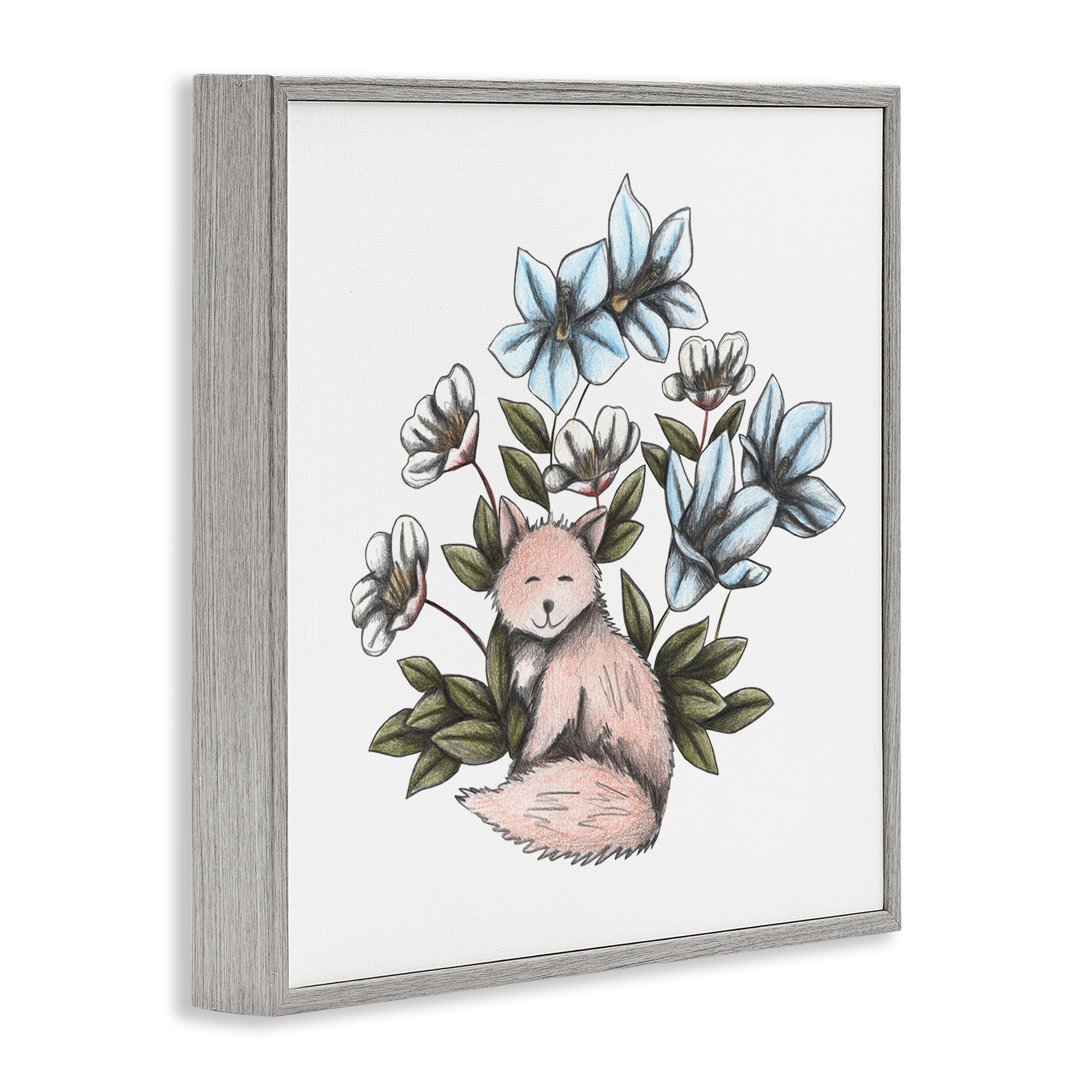 Gentle Fox with Flowers Gray Framed Giclee Art, design by Cecilia Battaini