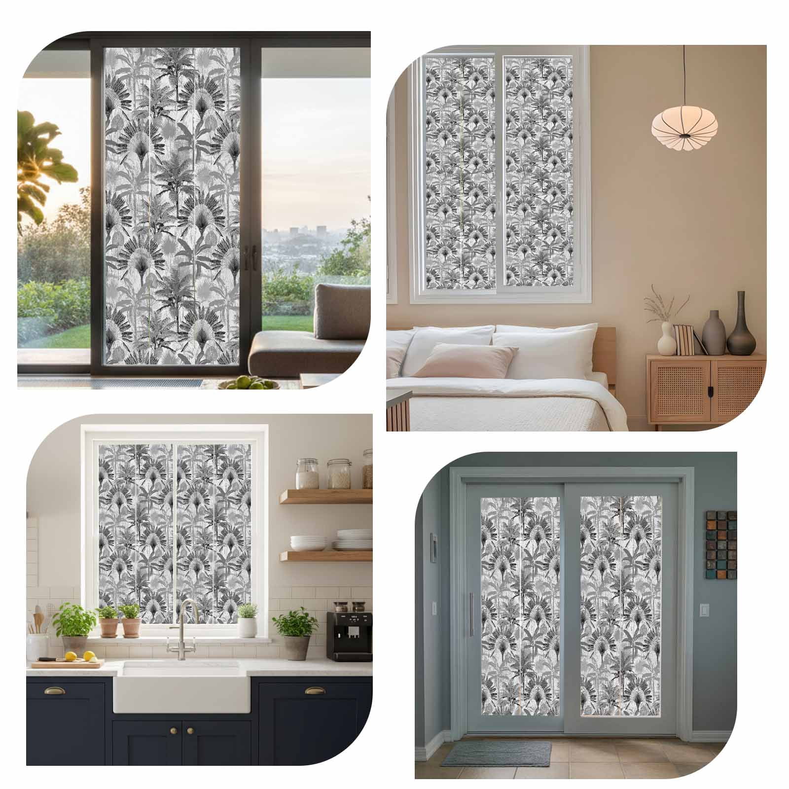 Grey Tropical Leaves Window Privacy Film, Summer Palm Trees Botanical Static Cling UV Sun Blocking Tint Film Heat Control Windows Films for Bedroom Bathroom, Window Stickers 23.6"x59"