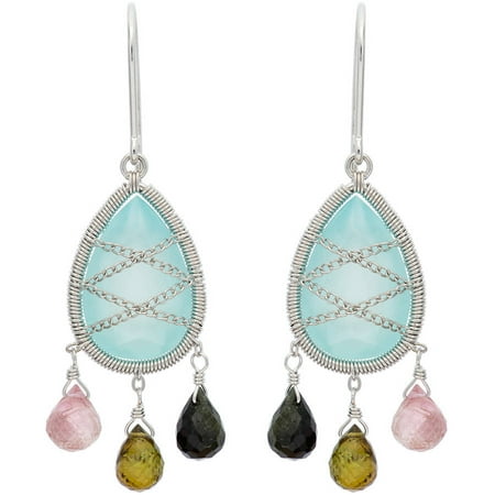 5th & Main Sterling Silver Hand-Wrapped Teardrop Chandelier Chalcedony and Multicolor Stone Earrings