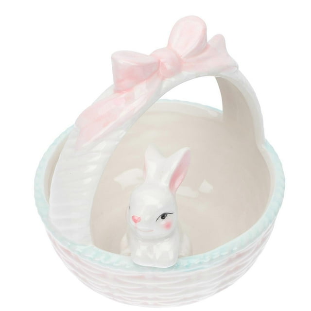 Pink Easter Rabbit Decor Ceramic Basket Adornment for Decor 1Pcs