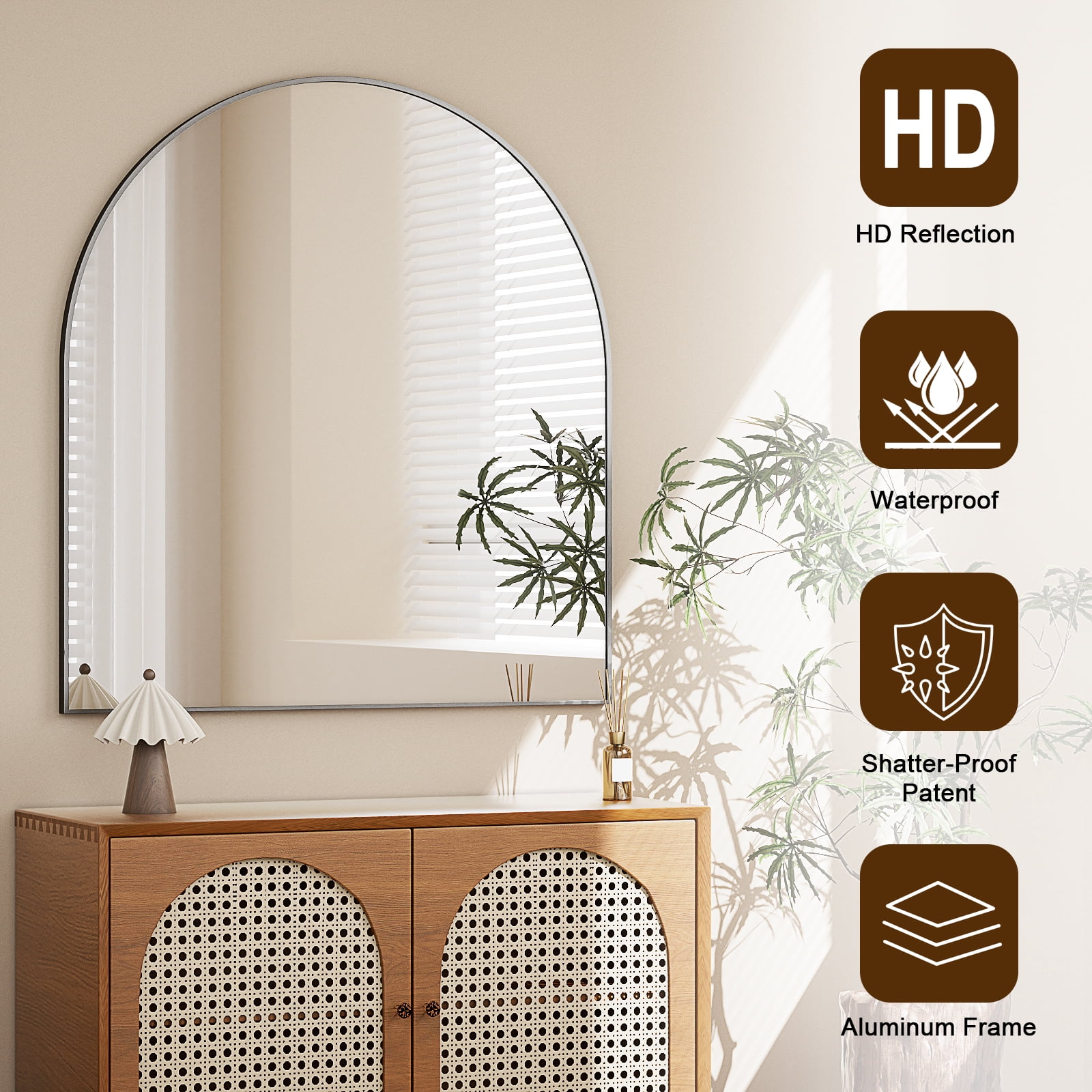 AUROMIR 32"x34" Arched Wall Mounted Bathroom Mirror Arched Vanity Mirror, Black
