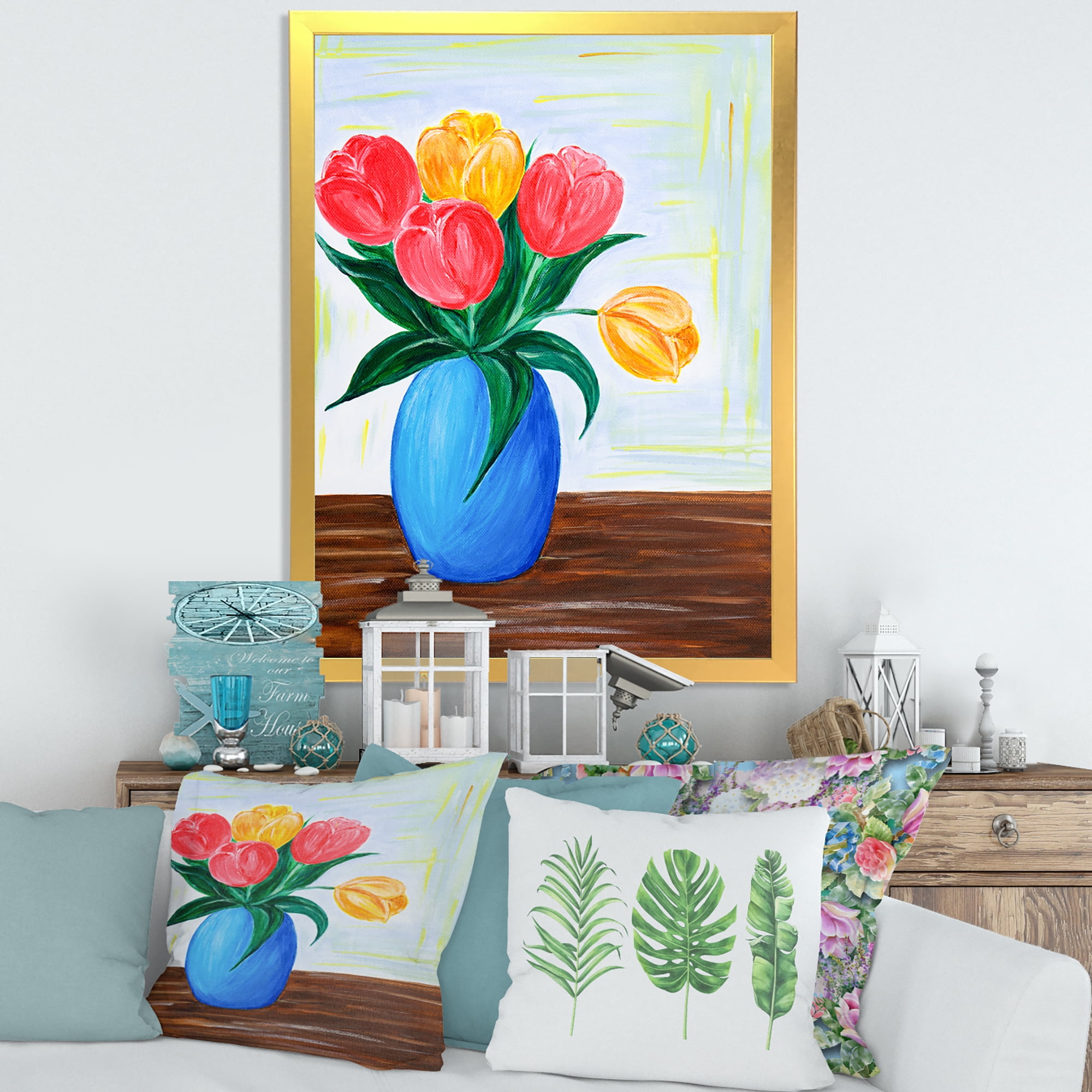 Designart 'Bouquet Of Orange and Red Tulips In A Vase' Traditional Framed Art Print