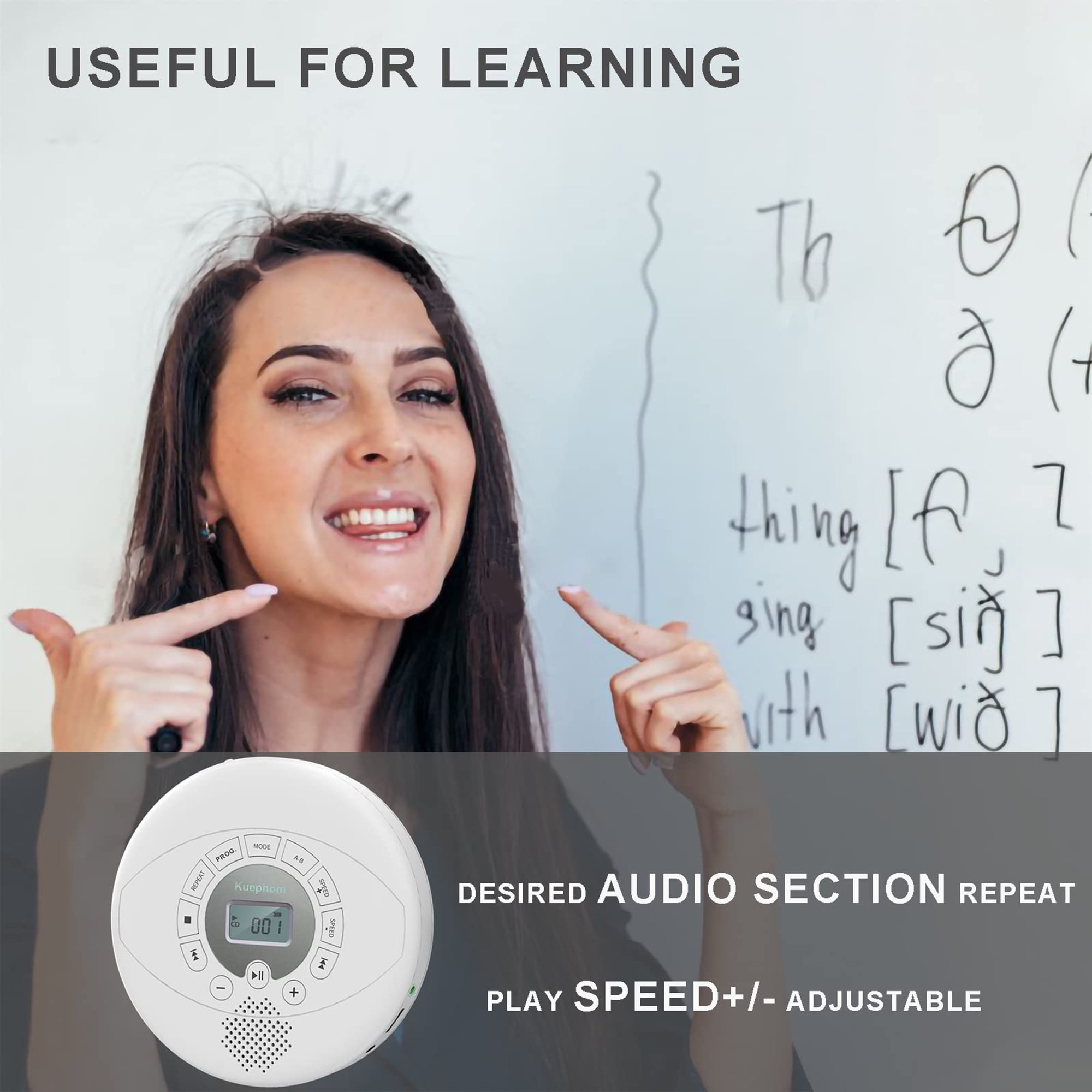 KUEPHOM CD Player Portable,Rechargeable Walkman CD Player with Speaker,Portable CD Player with Headphones,CD-R,MP3 USB Playable,Anti Skip CD Playing for Car,Suitable for Personal or Multi-Users,White