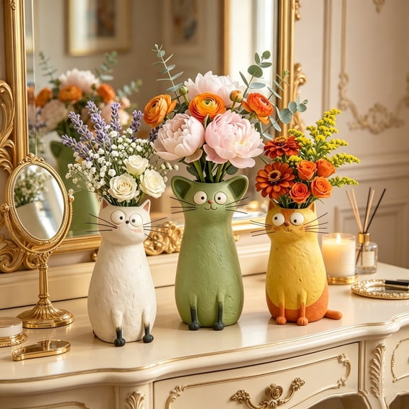 BZPIZ 2026 NEW Handcrafted Quirky Cat Vase, Whimsical Cat Flower Vase, Funny Cat Planter for Desk, Shelf, Boho Home Decor, Unique Gift for Cats Lovers Home Essentials Yellow