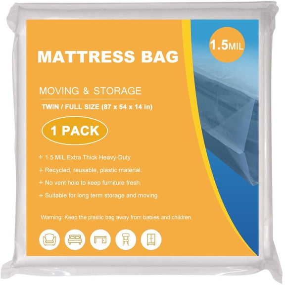 Plastic Mattress Bags for Moving 1.5 Mil Thick, Twin Full Size Mattress Storage Bag, Mattress Protector Cover for Short Term Storage, Moving Protection, 1 Pack