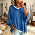 thumbnail image 2 of Pullover Sweaters for Women Hooded Side Slit Ribbed 3/4 Batwing Sleeve Sweaters Soft Ribbed Knitted Drawstring Sweatshirts Trendy Sweatshirts Daily Office Work Travel Outfits, Blue S, 2 of 6