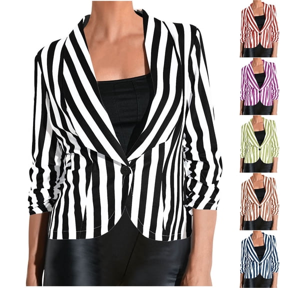 kakina CMSX Womens Striped Blazer Jacket,Fashion Casual Long Sleeve V-Neck Turndown Collar Single-Breasted Button Lightweight Color Blocking Striped Blazer Jacket
