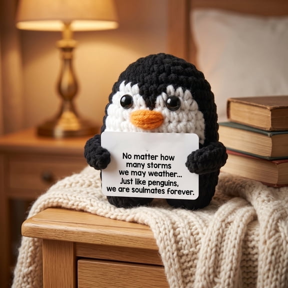 Soulmates Forever Penguin Crochet Gift,Cute Handmade Romantic Penguin with Love Quote, Valentines Anniversary Birthday Gift for Women Men Couple