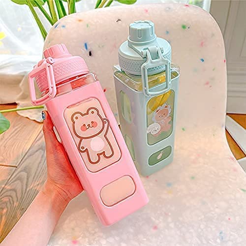 Kawaii Water Bottle With Straw - 23.6oz Cute Square Plastic Bottle For Kids & Girls, Leak-Proof, Stickers Included