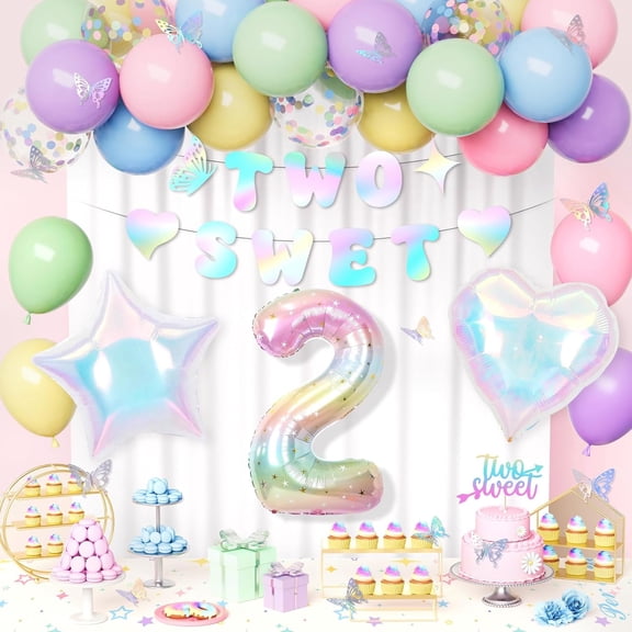 AYUQI Pastel 2nd Birthday Decorations Girl, Two Sweet Banner 2nd Party Decoration Set, Macaron Pastel Balloons, Number 2 Balloon, Star Heart Foil Balloon