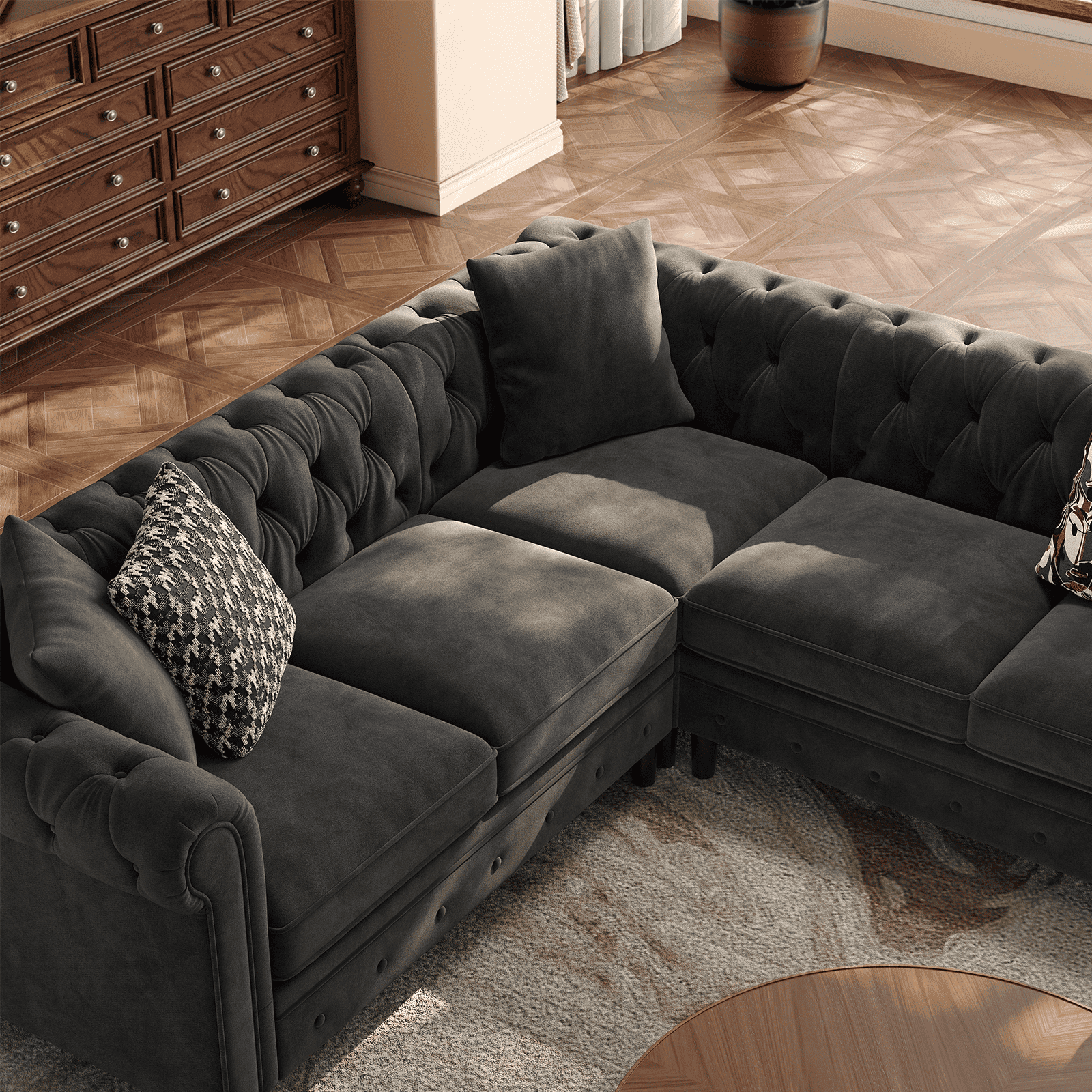 L Shaped Corner Couch for Living Room, Tufted Sectional with 3 Throw Pillows, Velvet Fabric, Black