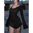 thumbnail image 3 of Women's Black Drawstring Side Flare Sleeve Asymmetrical Neck Elegant Dress, 3 of 8