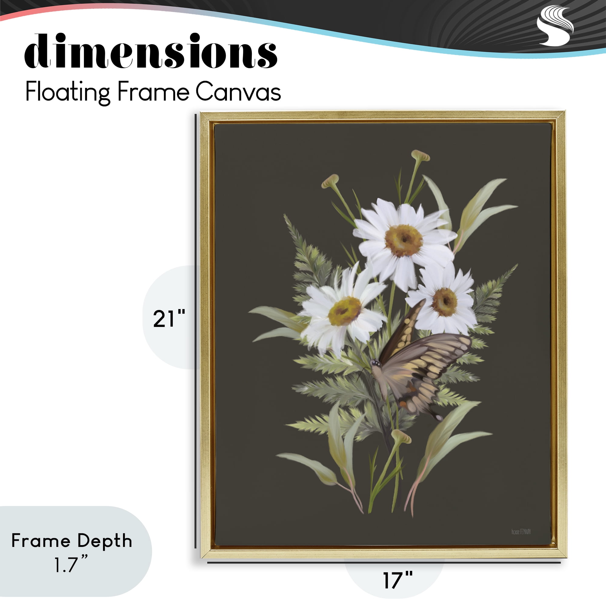 Stupell Industries Daisy Bouquet with Swallowtail Gold Framed Floater Canvas Wall Art, design by House Fenway