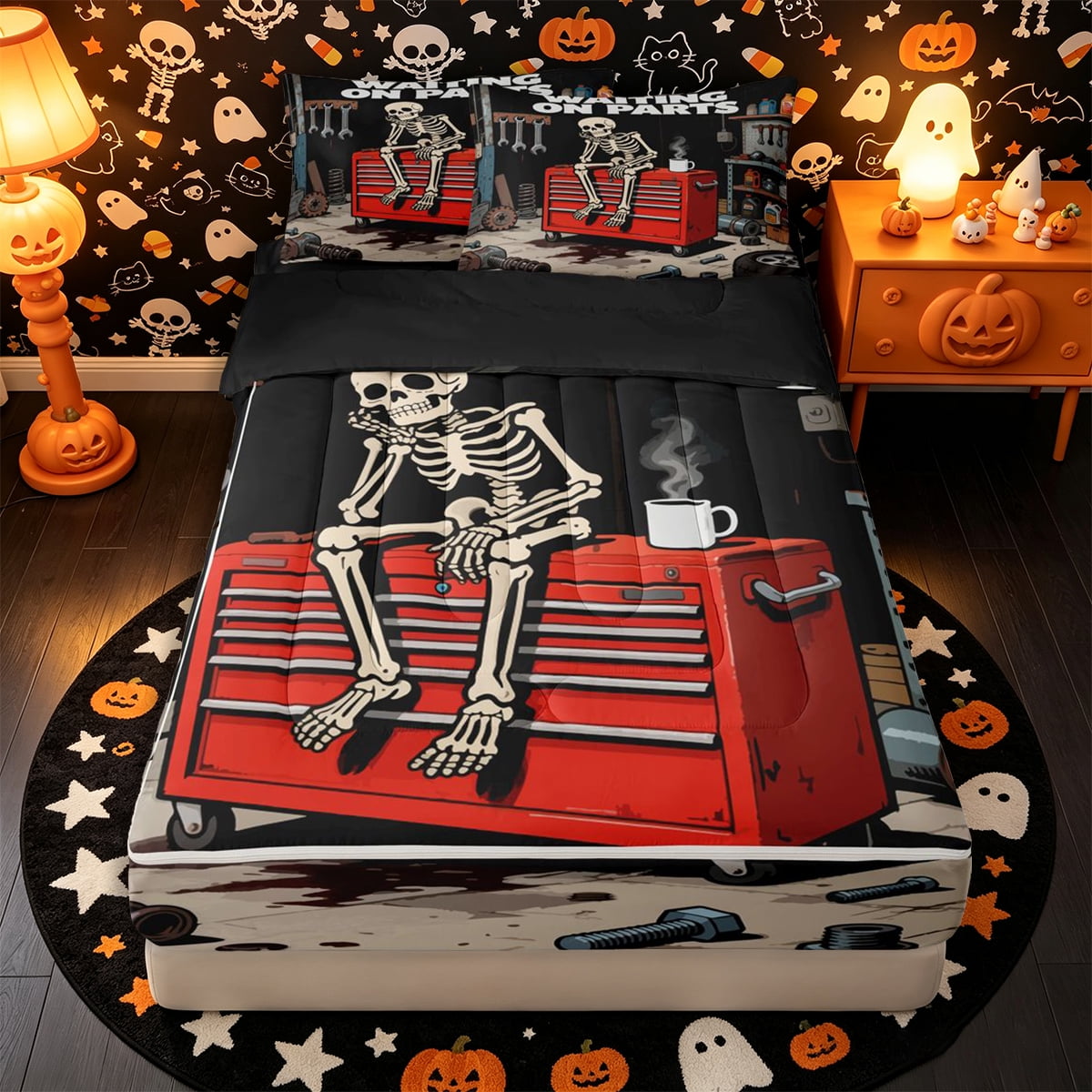 Castle Fairy Boho Cartoon Skeleton Zipper Twin Comforter Sets with Fitted Sheet and 2 Pillowcases Happy Halloween Zipper Bedding Set Red Black 4-Piece Black Reversible