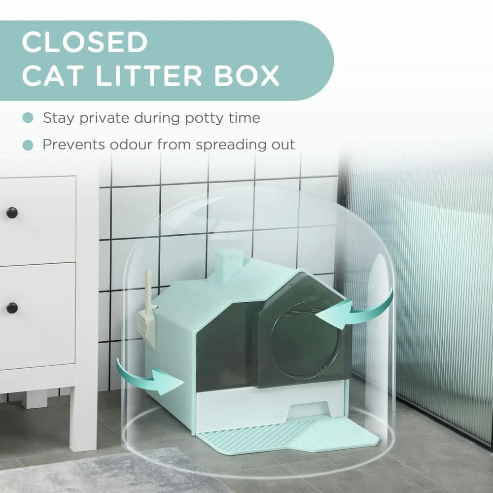 Resenkos Cat Litter Box, Cat Litter Pan, Hooded Cat Litter Box w/ Litter Mat, Litter Particle Catching, Light Blue