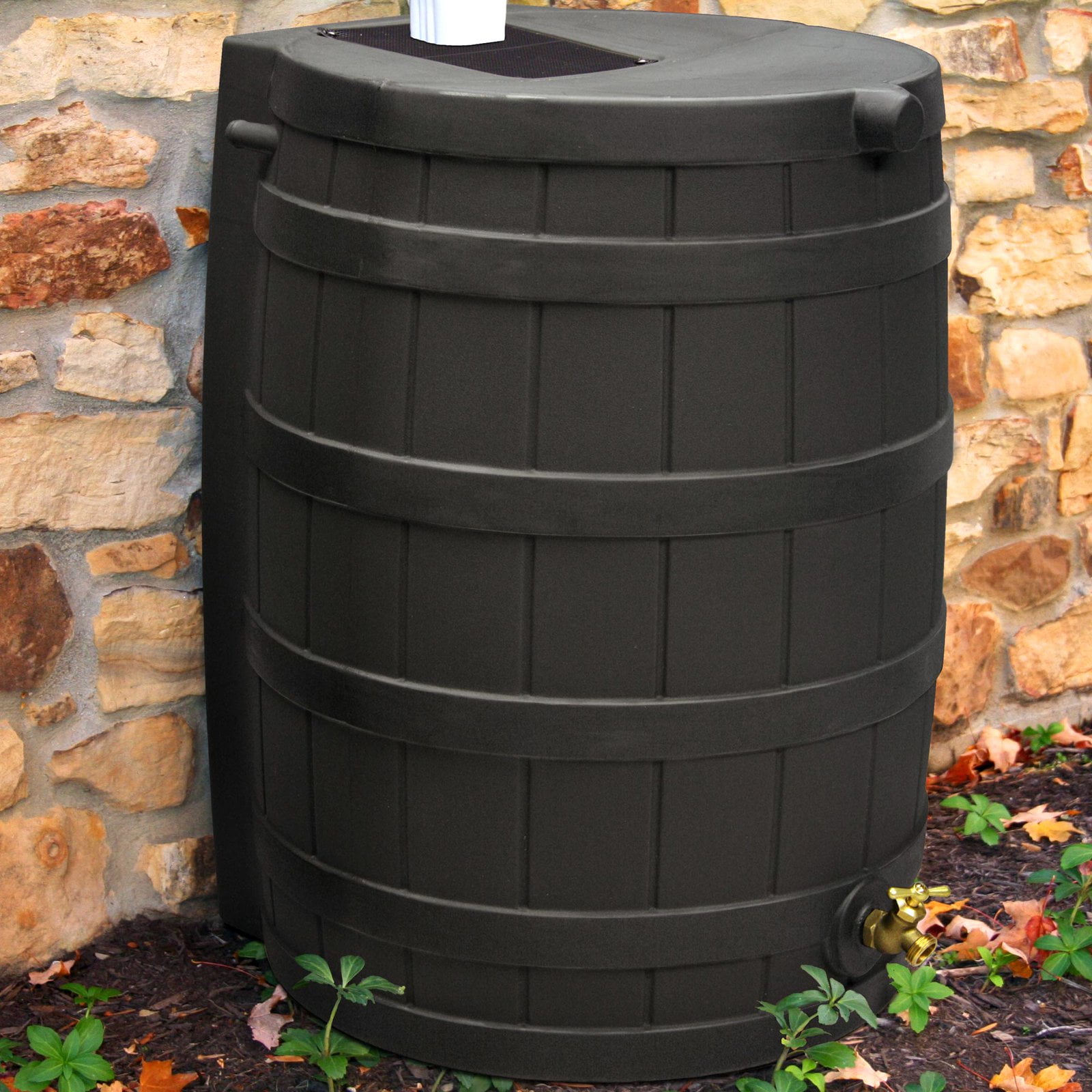 Impressions Havana 50 Gallon Rain Barrel With Planter Top - Khaki Granite, 2 Brass Spigots