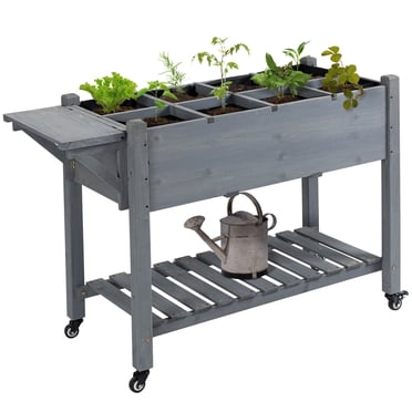 Outsunny Jardinière Surélevée 8 Compartiments x Étagère de Rangement x Jardinière Surélevée Bois Gris avec Pieds pour Légumes Fleurs Herbes