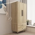 thumbnail image 4 of UBesGoo Wood Closet Wardrobe with 2 Drawers, Freestanding Double Door Armoire Cabinet with Hanging Rail, Functional Clothes Storage Organizer,  Oak Finish, 4 of 9