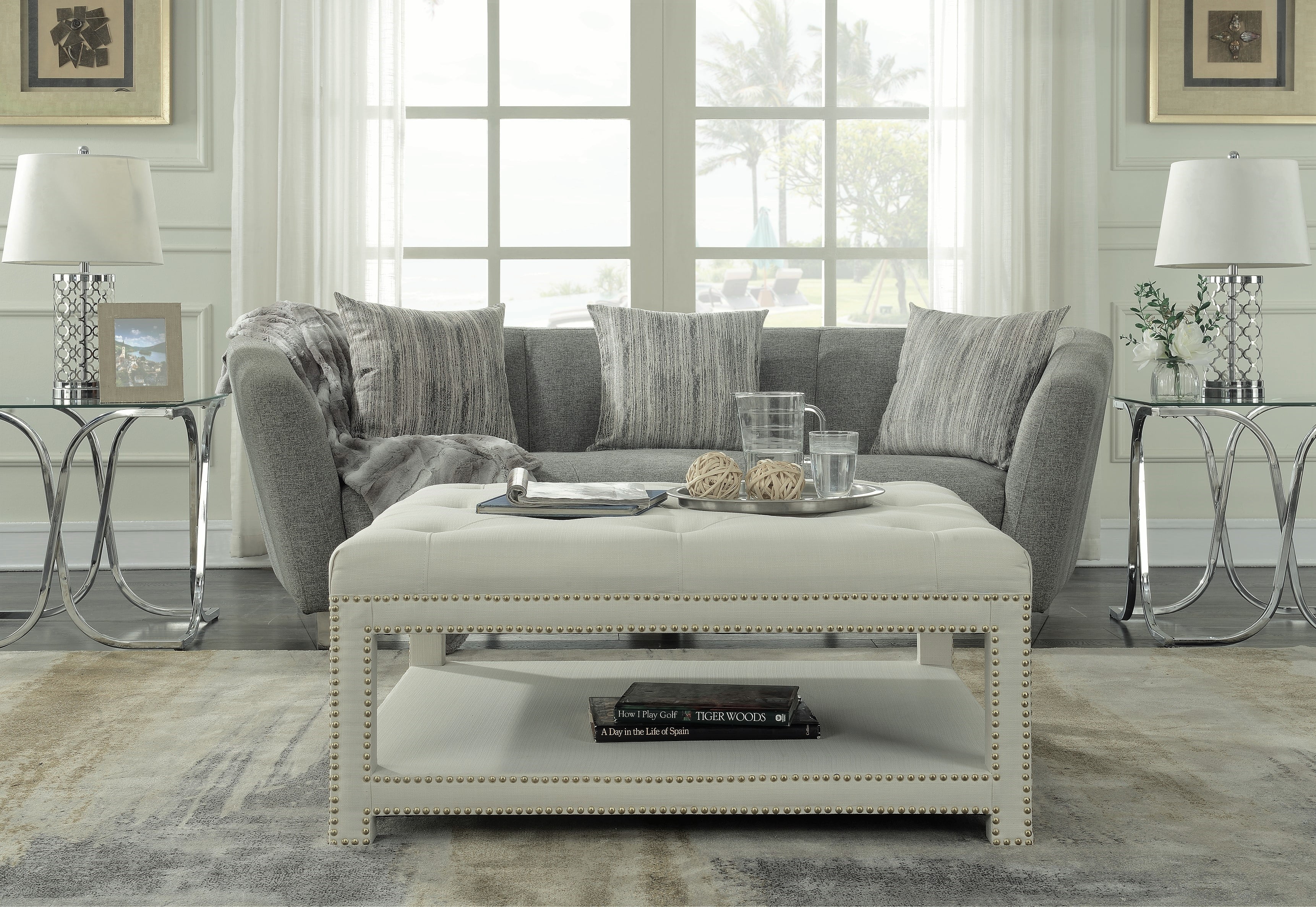Chic Home Micah Coffee Table Ottoman 2 Layer Polished Nailhead Tufted Linen Bench