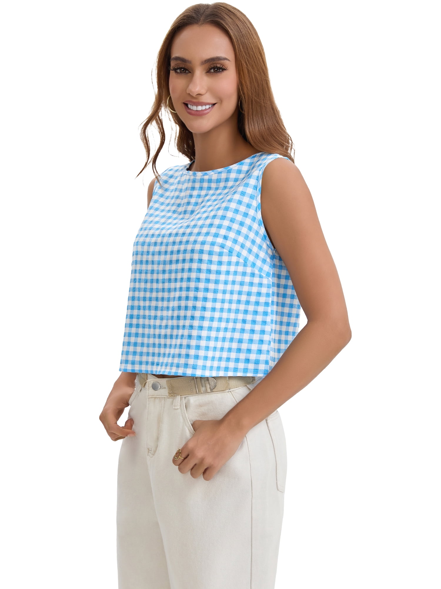 DARING DIVA Women's Gingham Summer Crop Tank Tops Button Back Sleeveless Shirts L Blue