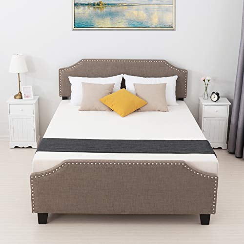 mecor Queen Upholstered Linen Platform Bed with Curved Shape Headboard