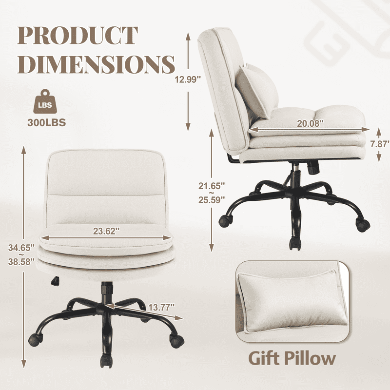Homall Cross Legged Wide Seat Office Chair with Wheels,Office Armless Desk Chair, Modern Swivel Computer Task Chair Height Adjustable Vanity Chair,in Fabric,Beige