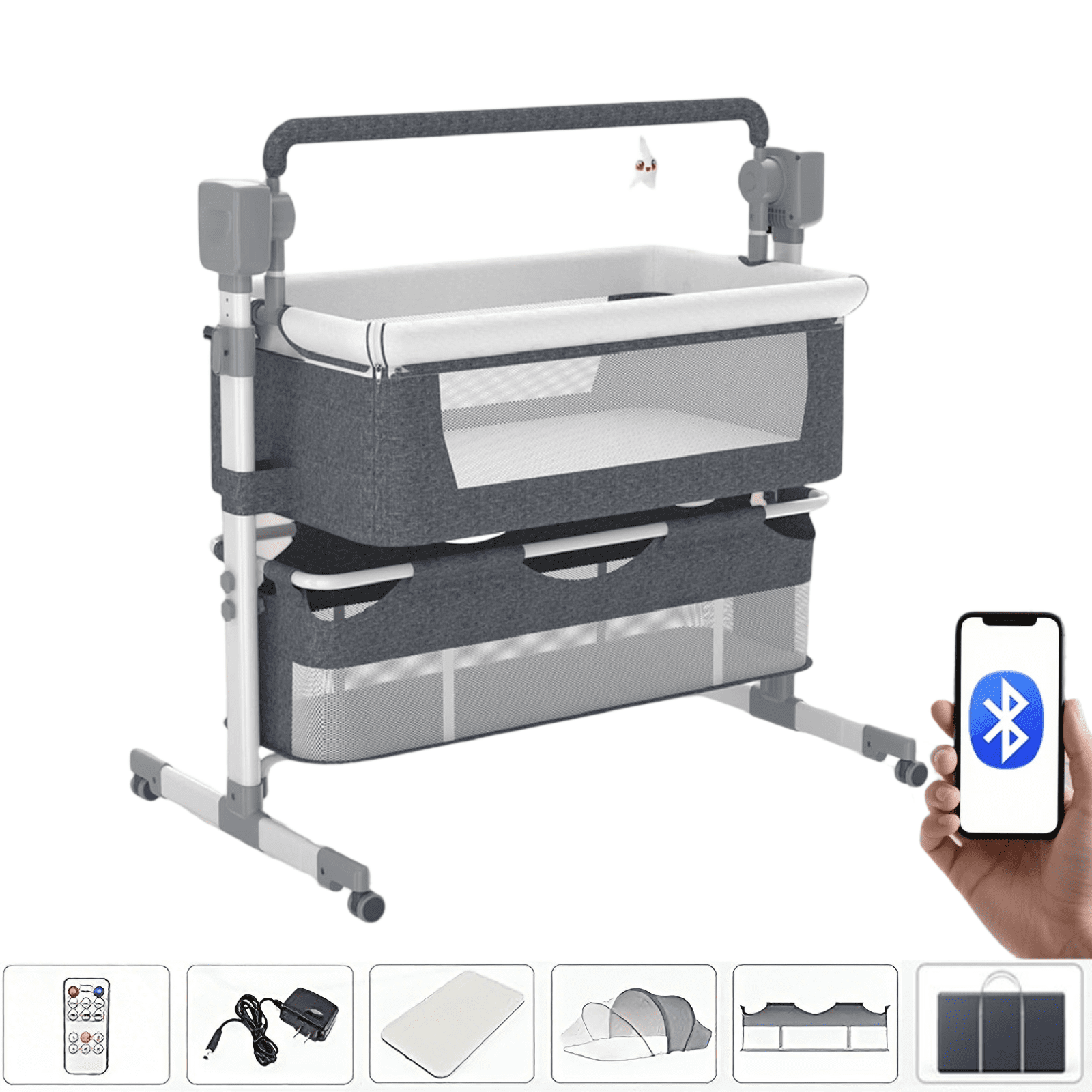 Portable Baby Bassinet Bedside Sleeper with Wheels,Canopy,Storage,Height Adjustable for Newborns/Babies/Infants(Bluetooth Enabled),Unisex,Gray
