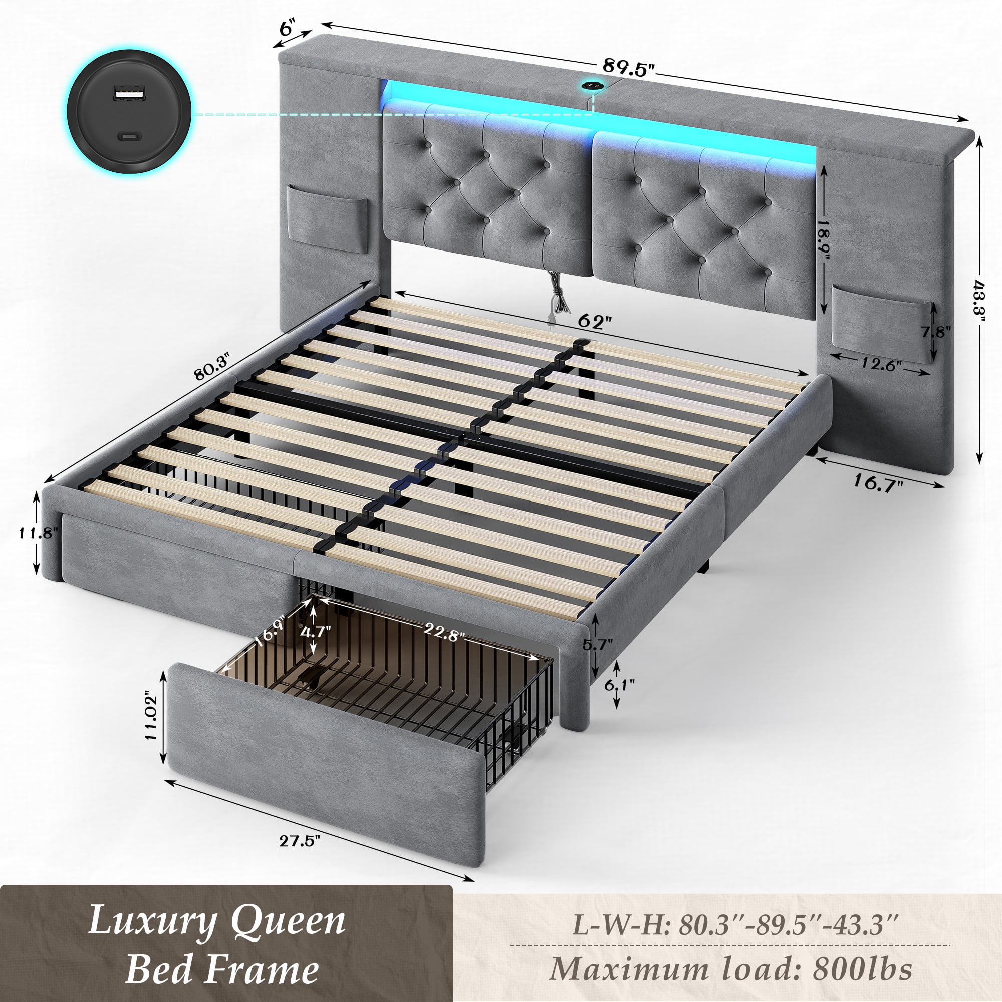 EnHomee Queen Size Bed Frame with 2 Storage Drawers and Widened Headboard Platform Bed Frame with LED Lights and Charging Station, No Box Spring,Gray