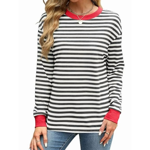 Ipladies Womens Tunic Tops Long Sleeve Striped Shirts Crewneck Tops Black & Red XL