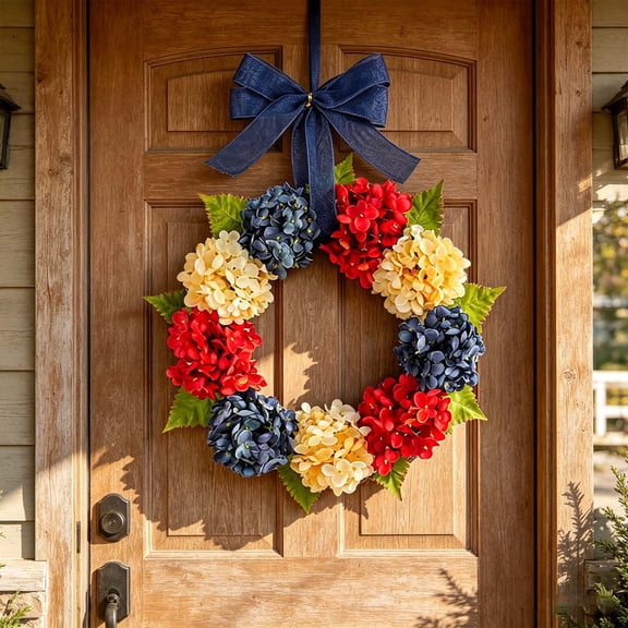 Patriotic Hydrangea Wreath, 15.75 Inch Red White Blue Artificial Flower Wreath with Blue Bow for 4th of July Door Decor
