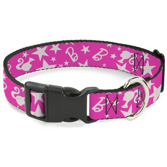Mattel Pet Collar, Dog Collar Plastic Buckle, Barbie Ponytail Silhouette and Star Scattered Pink White, 7 to 8.5 Inches 0.5 Inch Wide