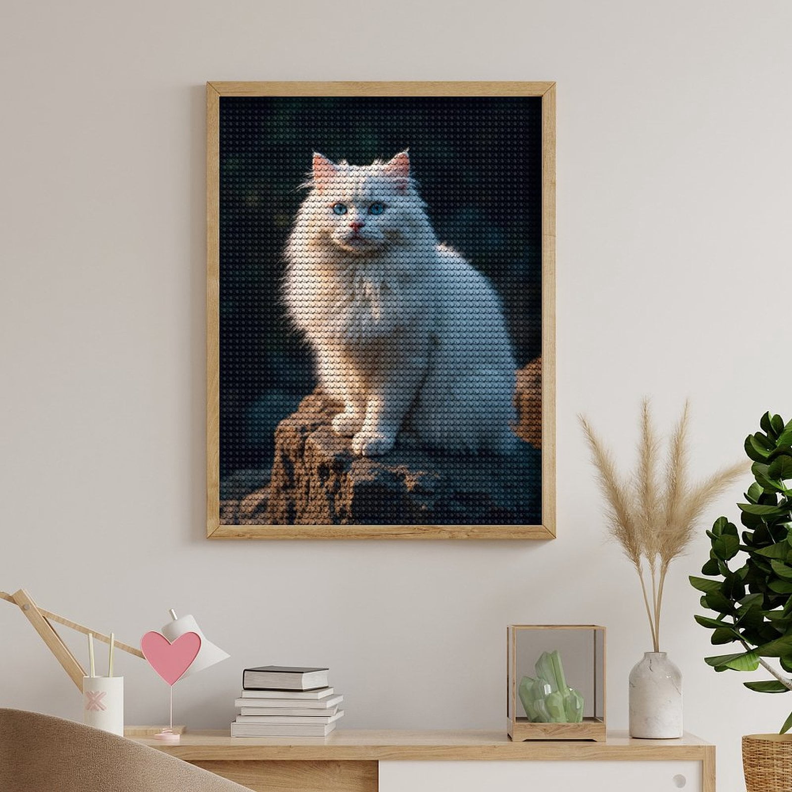 Diamond Art Kits for Adults, White Cat Blue Eyes Sunlit Rock 5D Diamond Painting Kits for Adults Beginners, DIY Full Drill Diamond Painting, Gem Art and Crafts 12x16