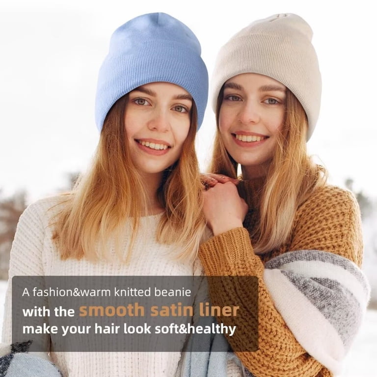 3 Pack Satin Lined Winter Beanie Hats,Silk Lined Beanie Knit  display picture 2