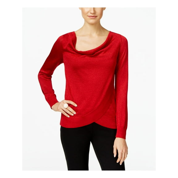 INC Womens Red Glitter Long Sleeve Scoop Neck Faux Wrap Casual Top L