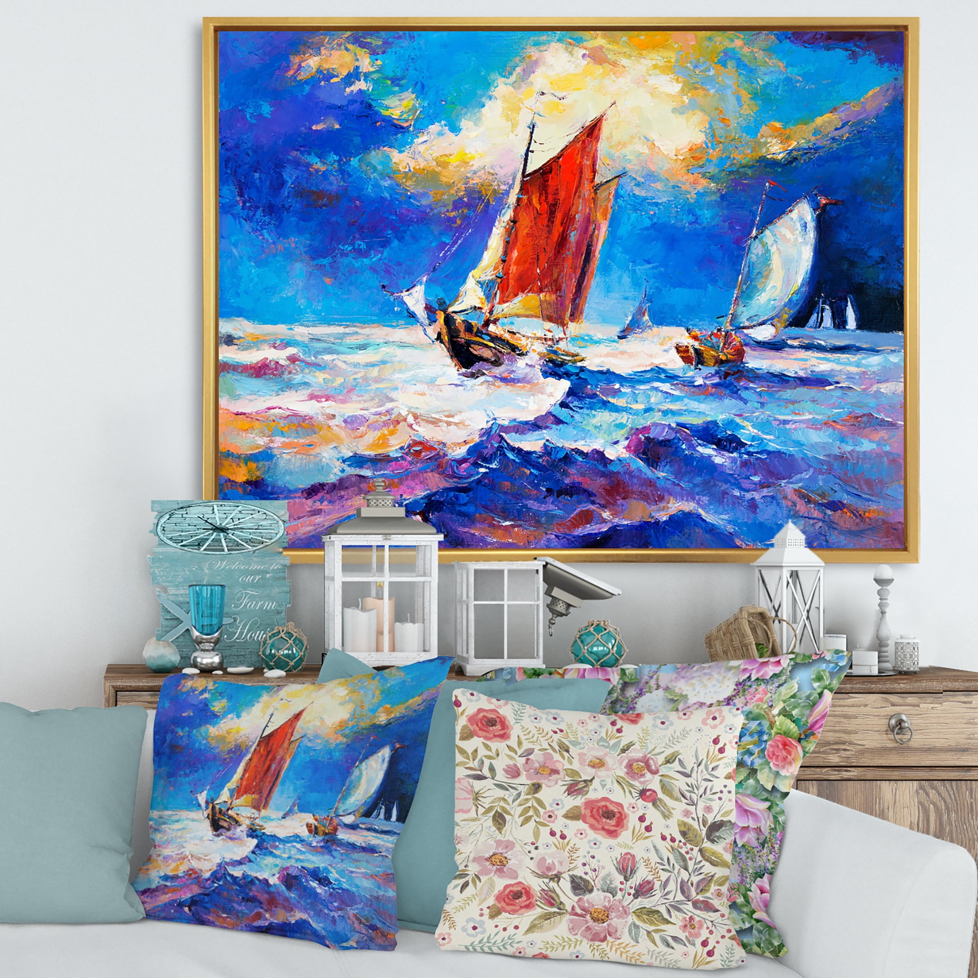 Sailships On The Ocean Waves During Evening 32 in x 24 in Framed Painting Canvas Art Print, by Designart