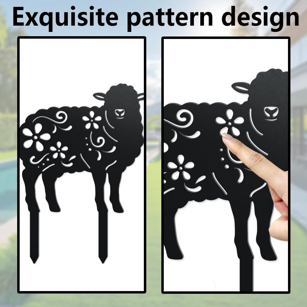 2 Styles Sheep Metal Decorative Garden Stakes Funny Sheep Flowers Metal Silhouette Statues Animal Garden Ornament Gifts Black Yard Art Decoration