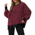 thumbnail image 2 of BODOAO Women's Fall Oversized Sweatshirt Casual Waffle Knit Long Sleeve Crewneck Split Pullover Tunic Tops Knit Striped Shirt Lightweight Fall Pullover Sweater Wine XL, 2 of 9