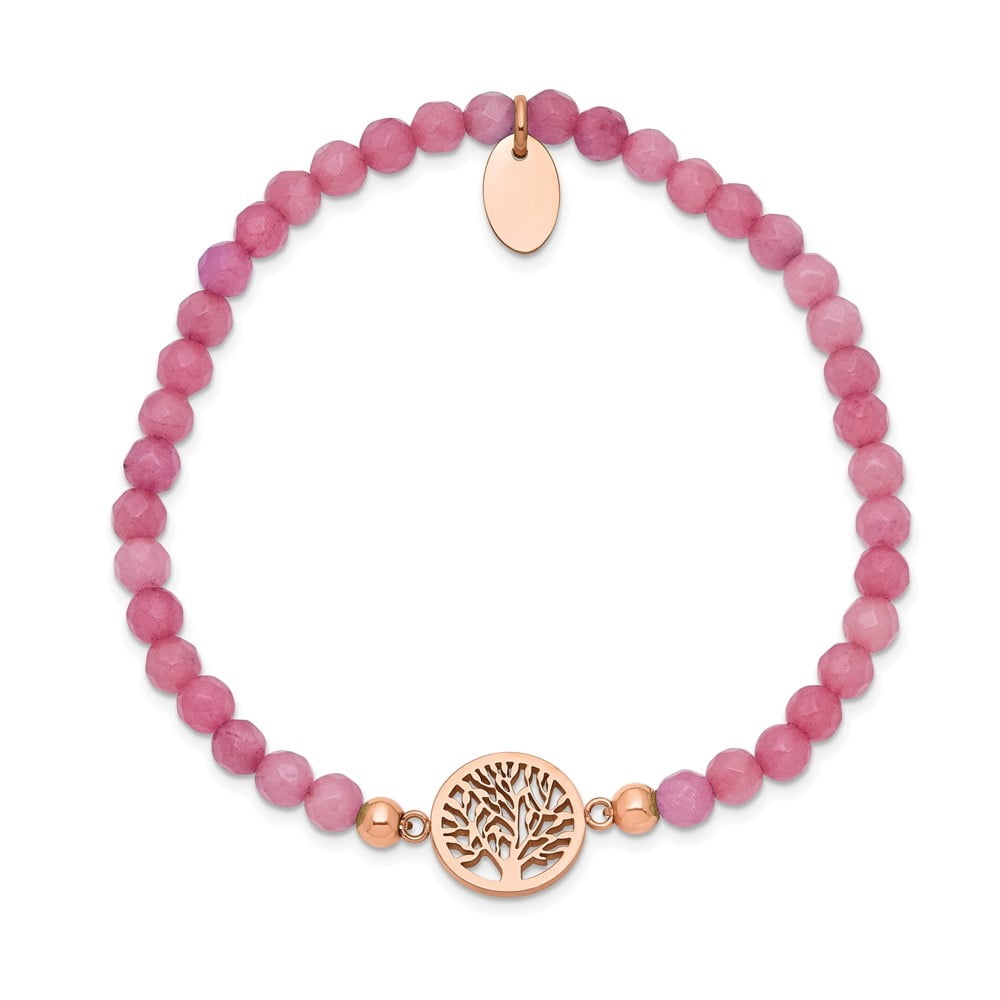 Diamond2Deal Stainless Steel Rose IP-Plated Tree of Life Red Jade Beaded Stretch Bracelet for Women 6.25"