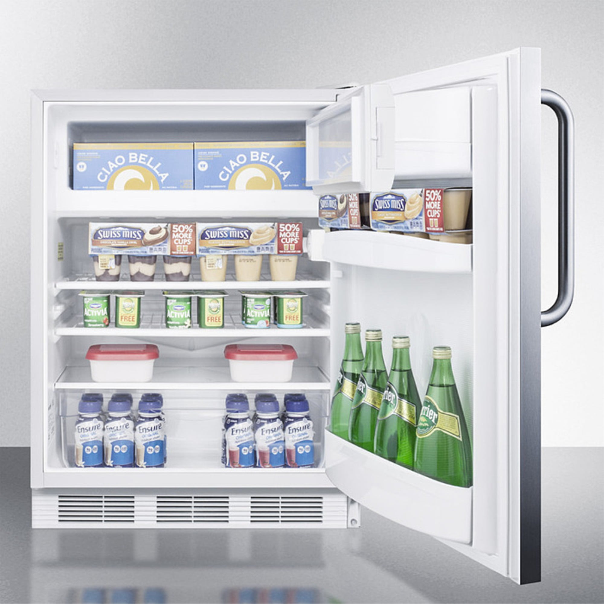 Built-in undercounter ADA compliant refrigerator-freezer for general purpose use, w/dual evaporator cooling, cycle defrost, lock, and SS exterior