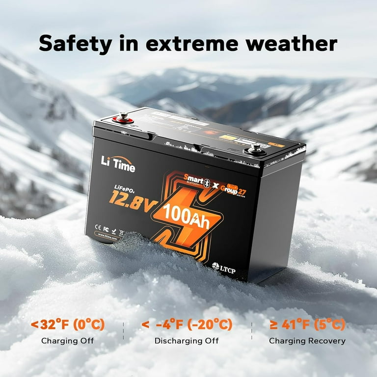 12.8V 100Ah LiFePO4 Lithium Battery With Bluetooth & Low-Temp Cutoff - Group 31 Size, 15000 Cycles, For RV, Solar, Trolling Motors