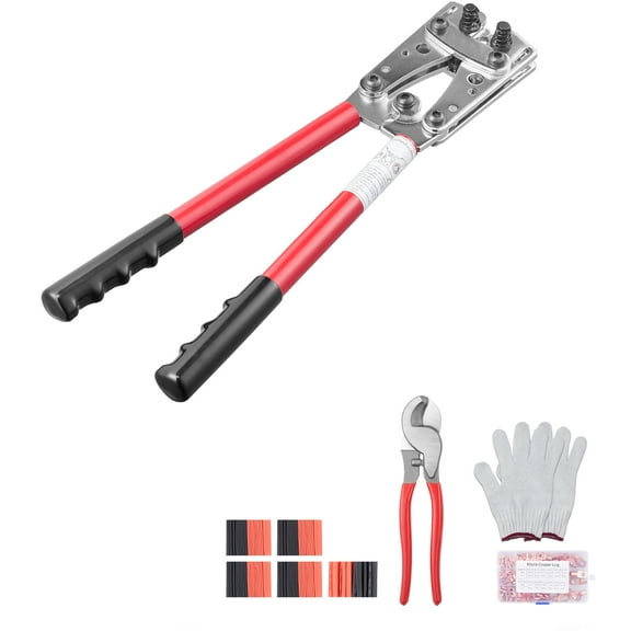 KFFKFF Wire Lug Crimping Device, Suitable for 10-1/0AWG, Includes Cable Trimmer and 48 Copper Ring Connectors, Accommodates 6 Wire Dimensions Crimping Die and 100 Heat Shrink Tubes