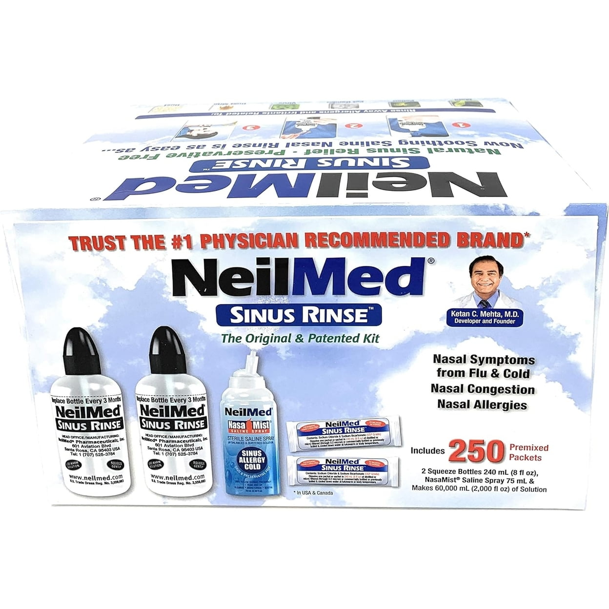 NeilMed Sinus Rinse - 2x8fl oz Bottles Nasamist Saline Spray 75mL - 250 packets