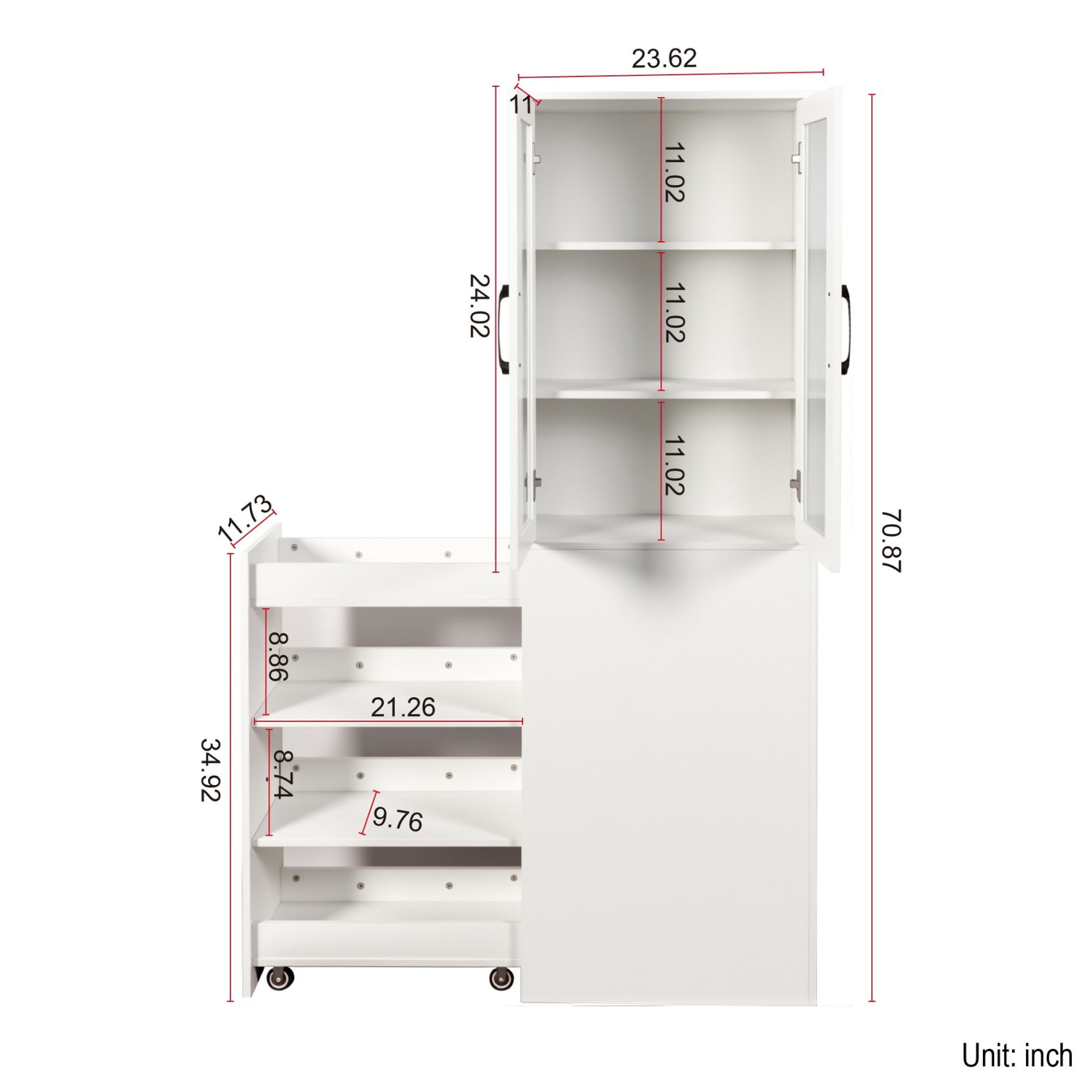 70.8" Tall Pantry Cabinet with Glass Doors, Pull-Out Shelves Storage Cabinet, 4 Tier Display Bookcase with Sliding Organizer, Freestanding Kitchen Storage Cabinet for Living Room, Dining Room, White