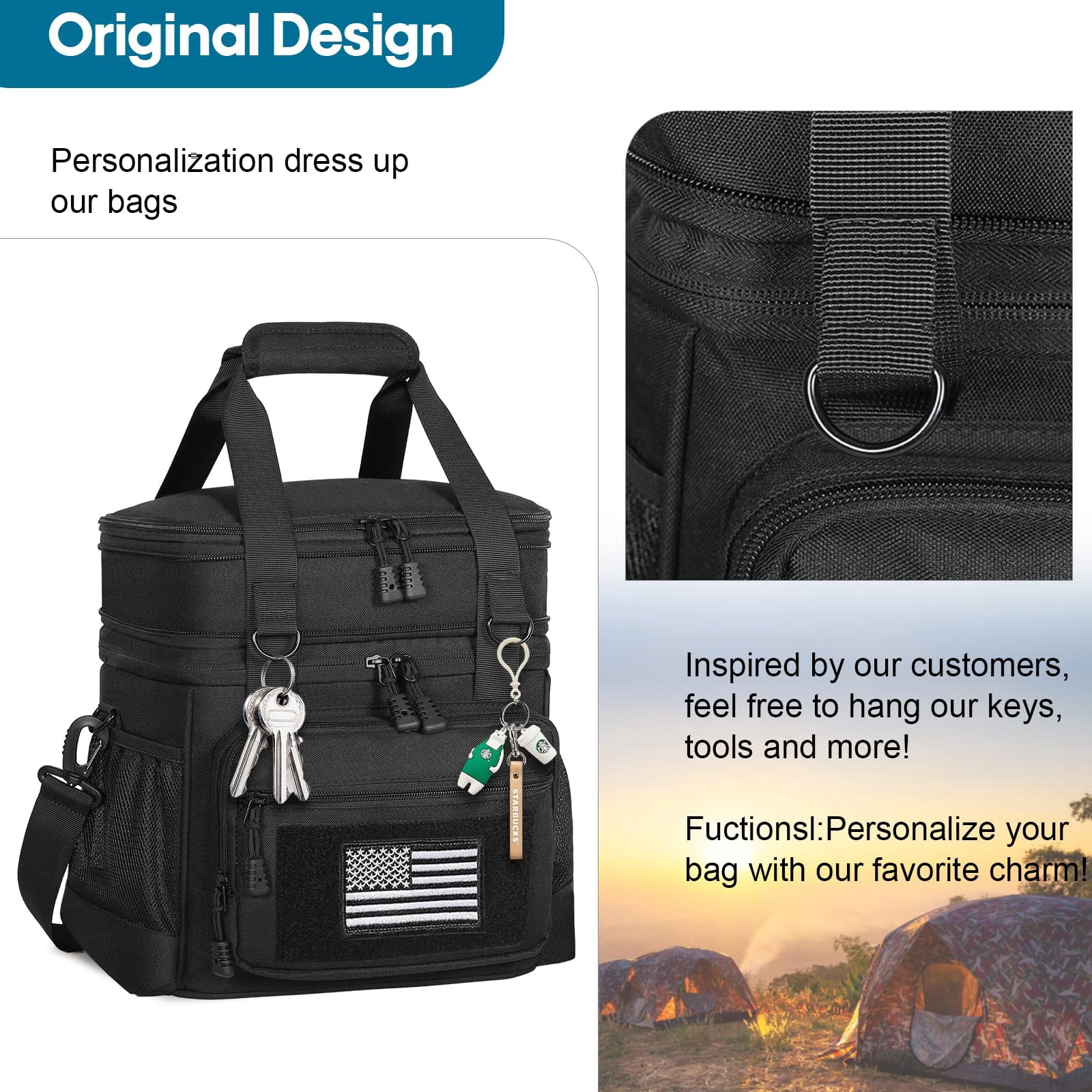 Lunch Box Cooler Bag - Expandable Insulated For Men Women Large Lunchbox Adults Work Shifts Outdoor Trips Black With Flag 16l
