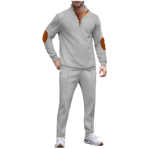 Wdfiry 2 Piece Men's Casual Sweatsuits Solid Color Plus Size Waffle Fall Long Sleeve Outfit Sets Button Stand Collar Splicing Tops and Drawstring Pants Sets