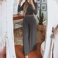 thumbnail image 2 of Womens Solid Ribbed 2 Piece Outfits ong Sleeve Crop Top with High Waist Wide Leg Pant Suits Pajamas Sets Loungewear, 2 of 7