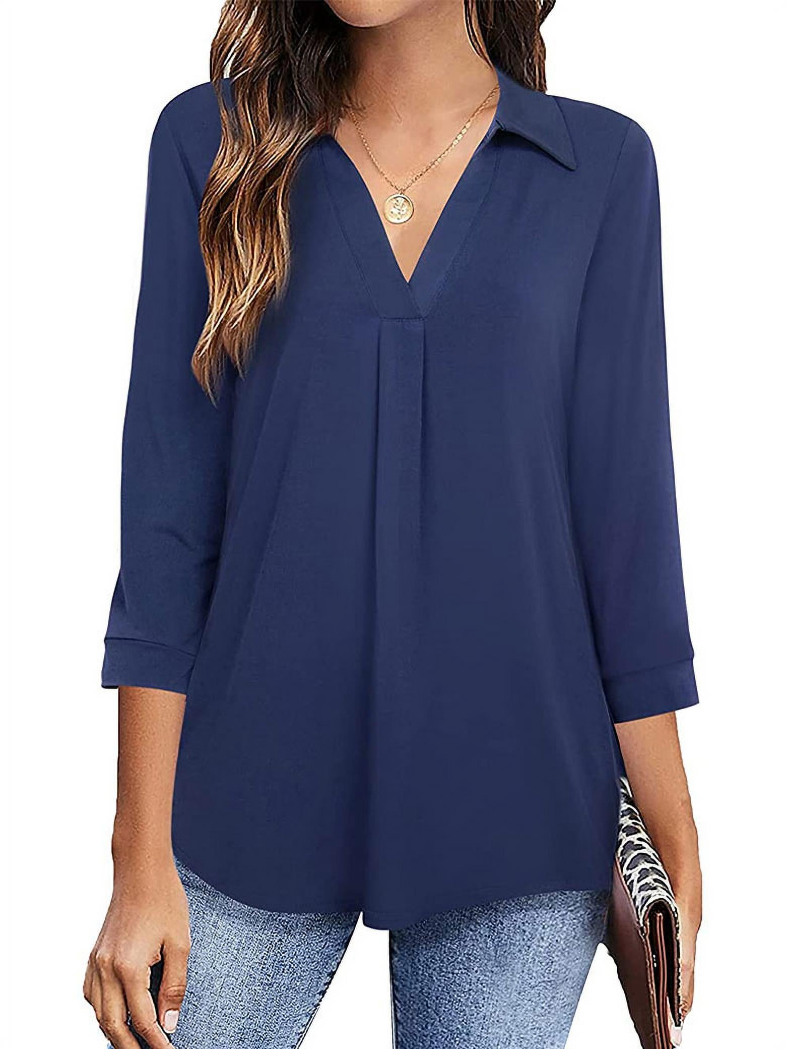 Nlife Women V Neck 3/4 Sleeve Solid Color Pleated Blouse - Walmart.com